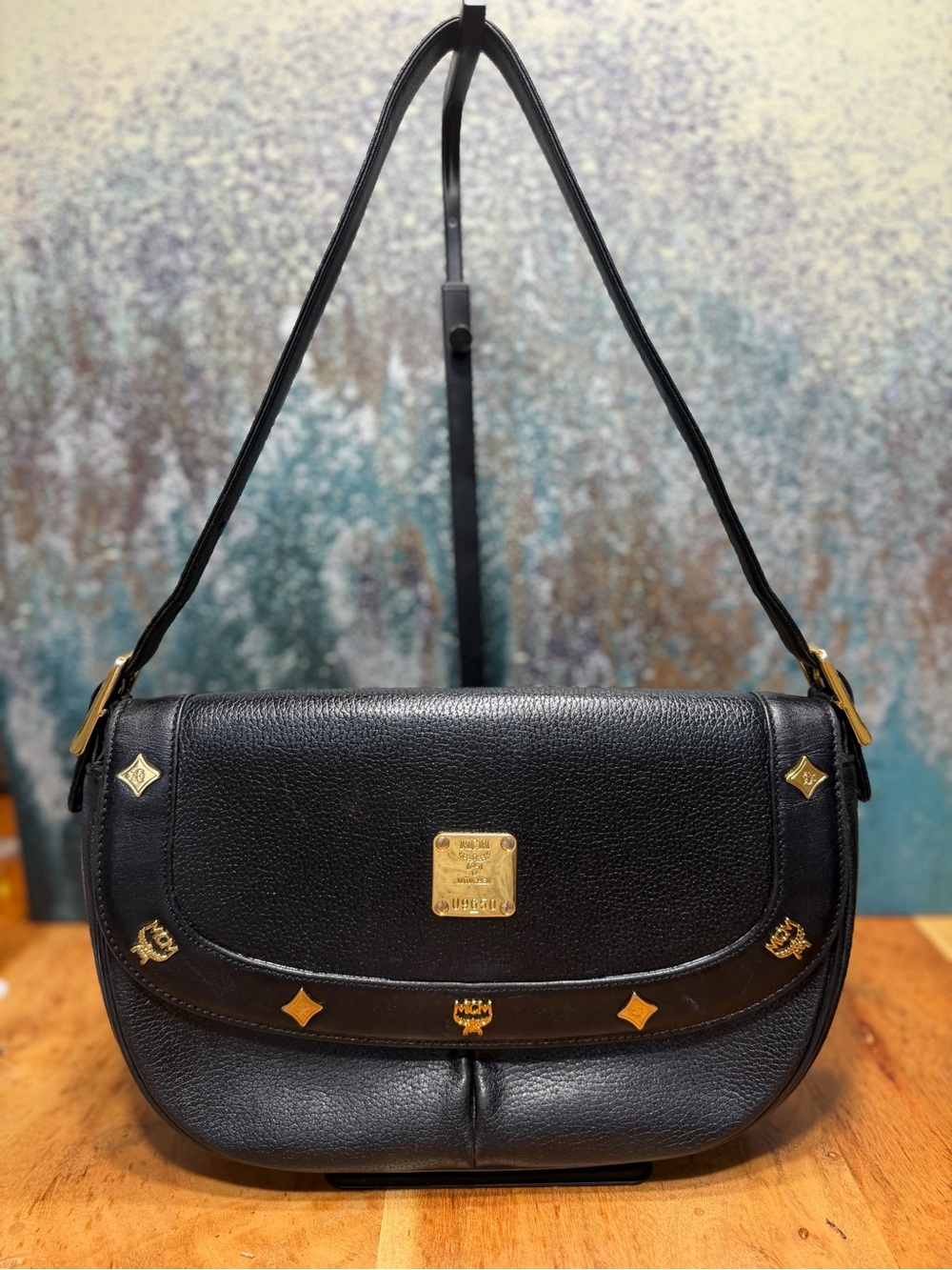 MCM Moto Vintage Early 1990s Studded Pebbled Leather Shoulder Bag Black